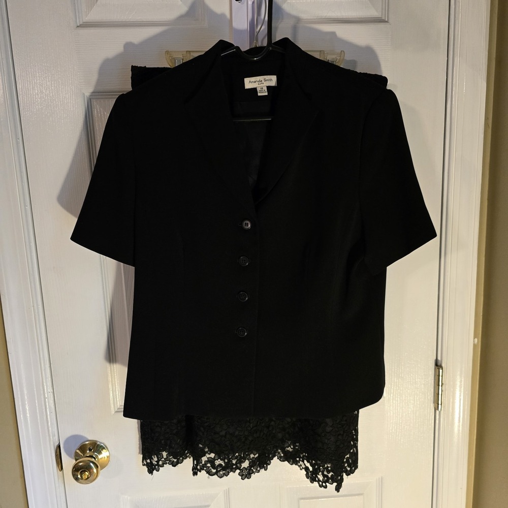 Amanda Smith Suits Black 2 Piece Set Short Sleeve Blazer Lace Midi Skirt Size 14